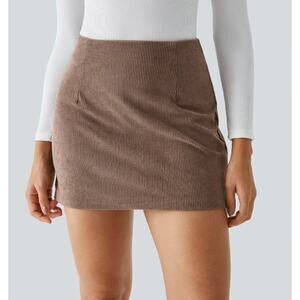 NWT Halara High Waisted 2-in-1 A Line Mini Corduroy Casual Skirt Acorn Brown S